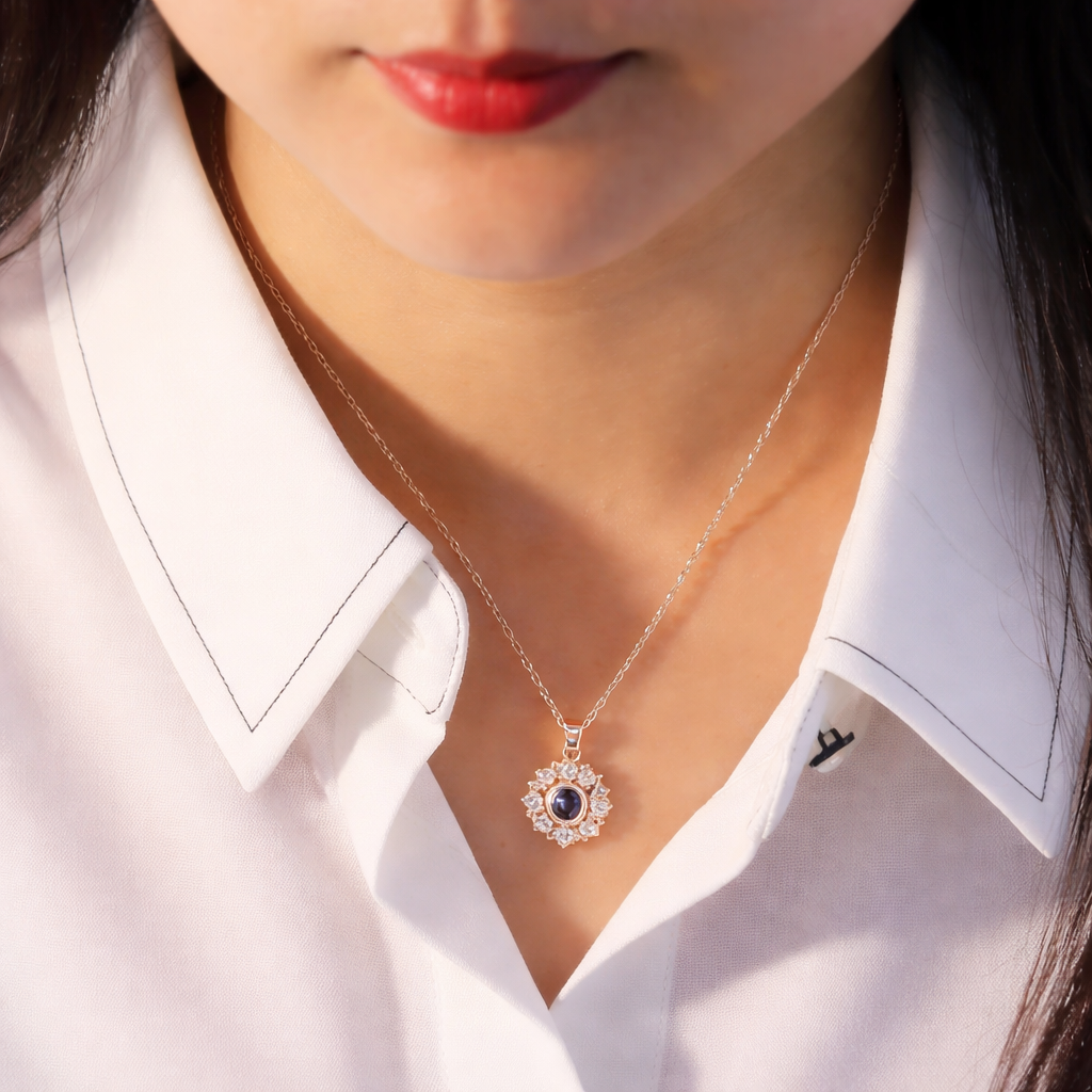 Flower Projection Photo Necklace on model