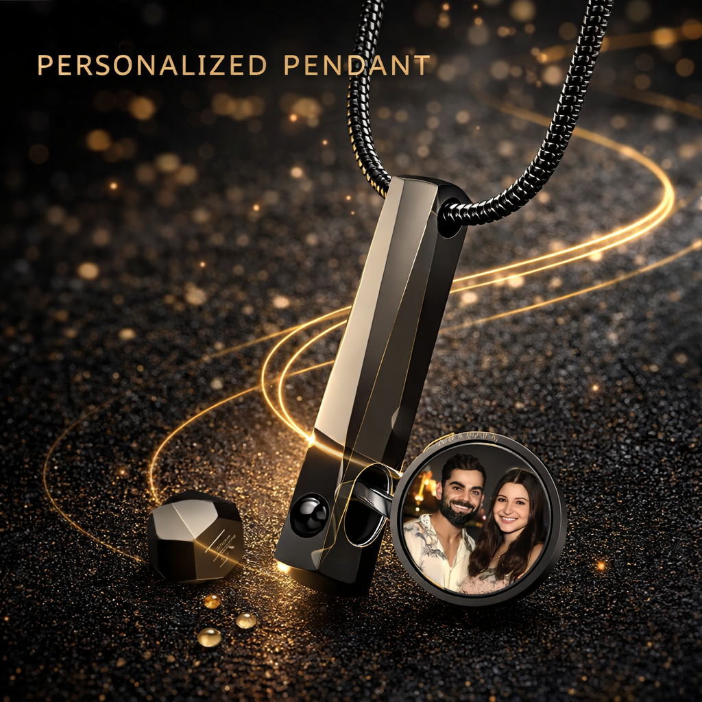 Men’s Bar Projection Photo Necklace on model