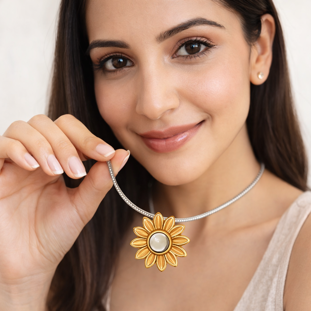 🌼✨ Golden Flower Projection Photo Pendant on model